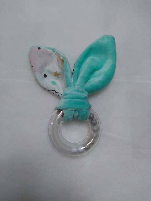 Hochet oreilles de lapin vert, coton imprimés ours gris