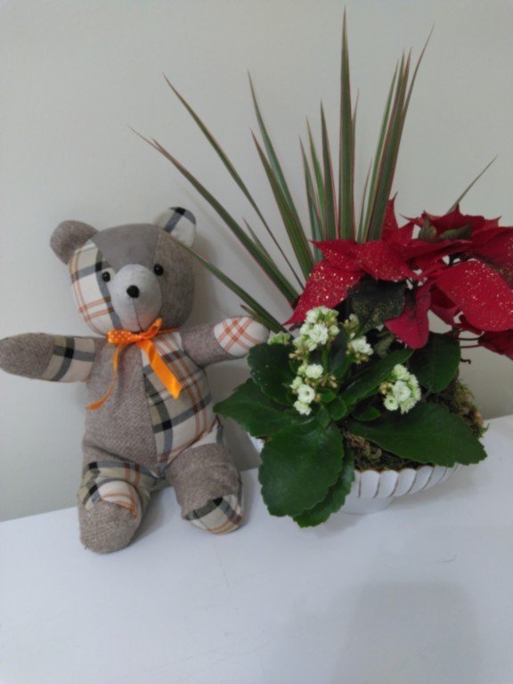 Nounours assis multi-matières écossais orange et beige petit modèle