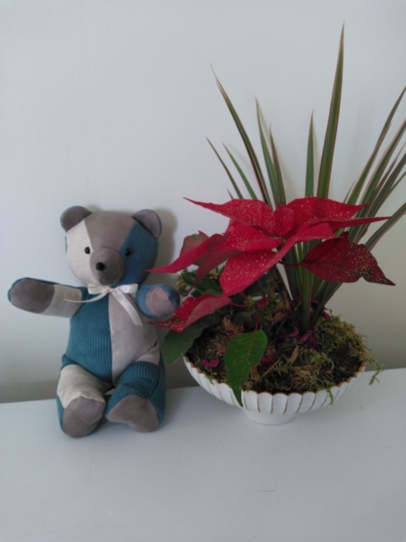 Nounours assis multi-matières velours côtelé bleu