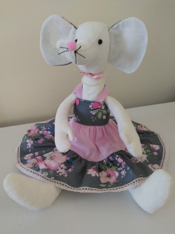 Souris tissu robe rose et grise