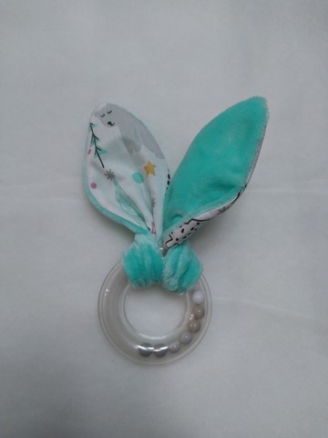 Hochet oreilles de lapin vert, coton imprimés ours gris