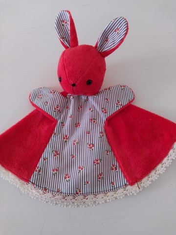 Doudou marionnette rouge et bleu