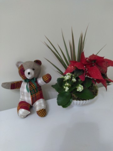 Nounours assis multi-matières Madras rouge et vert