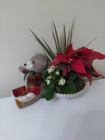 Nounours assis multi-matières Madras rouge et vert