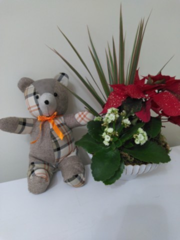 Nounours assis multi-matières écossais orange et beige petit modèle