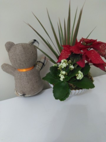 Nounours assis multi-matières écossais orange et beige petit modèle