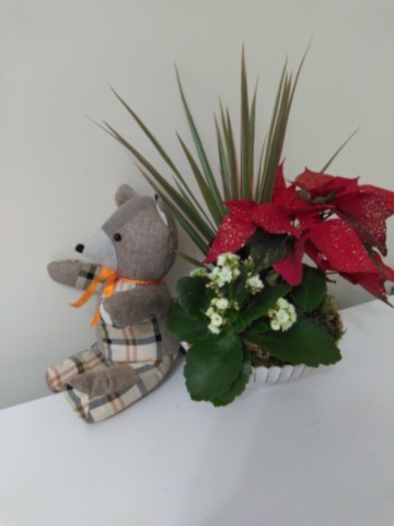 Nounours assis multi-matières écossais orange et beige petit modèle